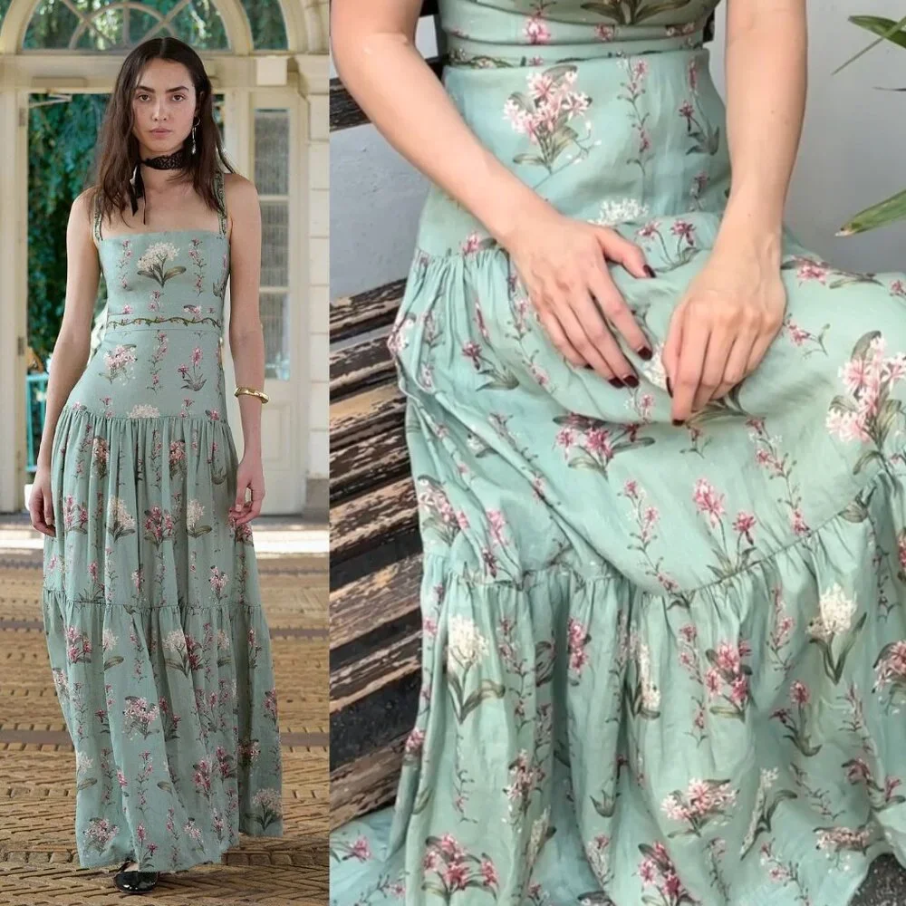 Agua by Agua Bendita Lima Maxi Dress Orquidea Green Embroidered Floral Size M - Picture 3 of 15